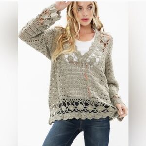 NWT Aratta Silent Journey Boho Crochet V-Neck Taupe Bell Sleeve Sweater Top